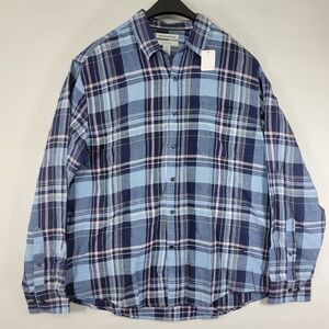 Amazon Essentials Mens Long Sleeve Button Down Blue Checked Linen Blend SLIM XL‎
